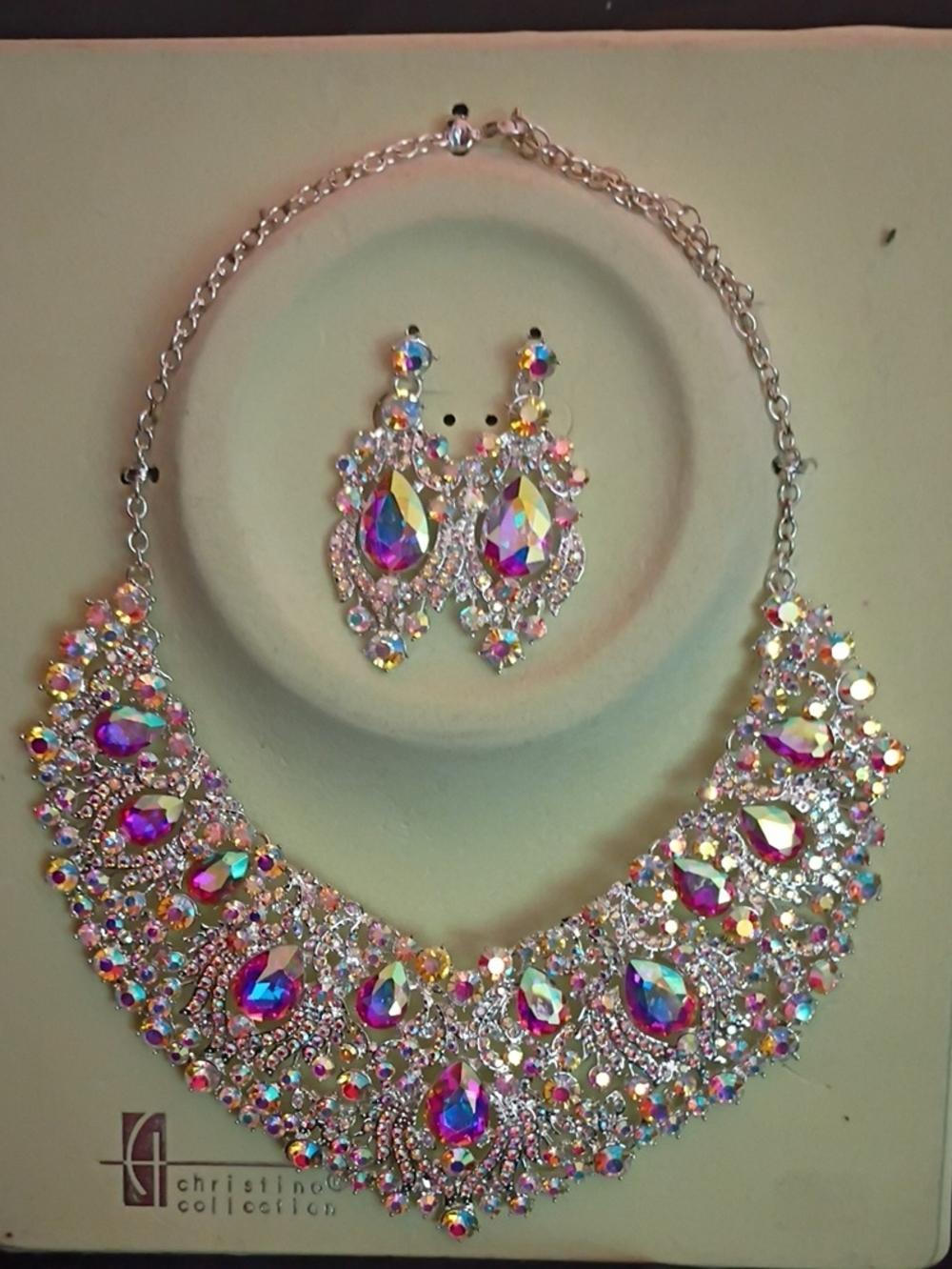 Christina Collection Multicolor Crystal Bib Necklace & Earring Set - Pink Accent